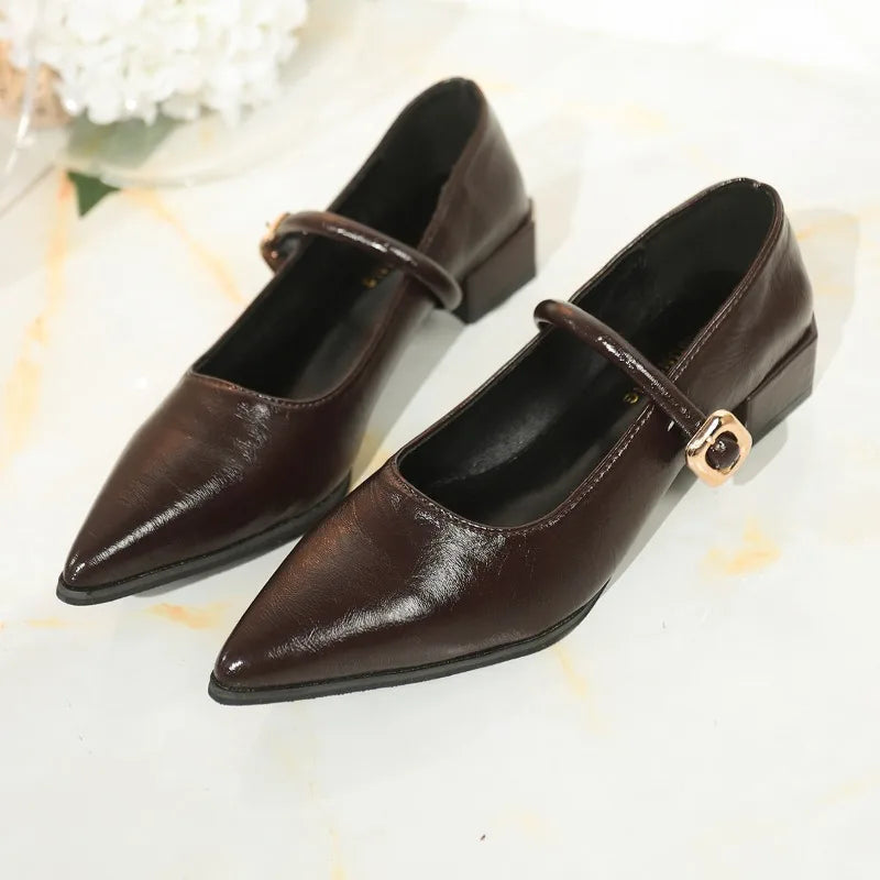 Women's Pointed Toe Block Heels with Adjustable Buckle Strap