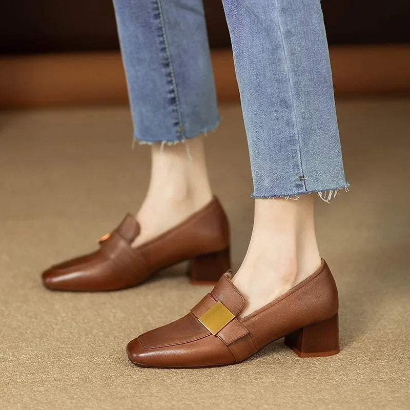 Women's Smooth Faux Leather Block Heel Court Shoes