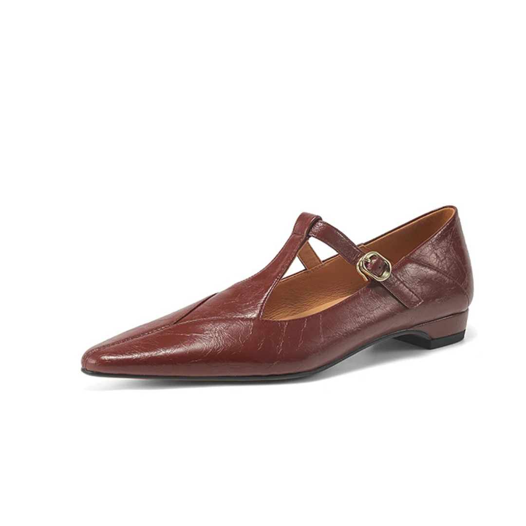 Women's Smooth T-Bar Flats with Pointed Toe