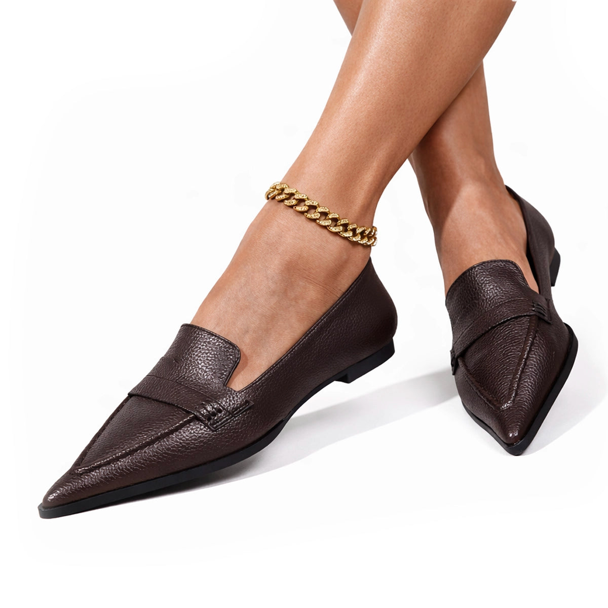 Women's Textured Flat Shoes with Pointed Toe and Penny Loafer Strap