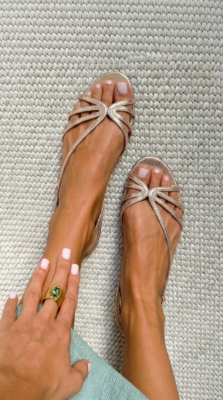 Women's Thin Strap Flat Sandals with Gold Finish