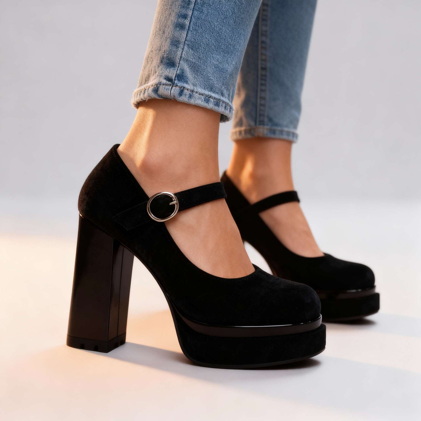 Women's Velvet Block Heel Mary Janes with Cushioned Insole