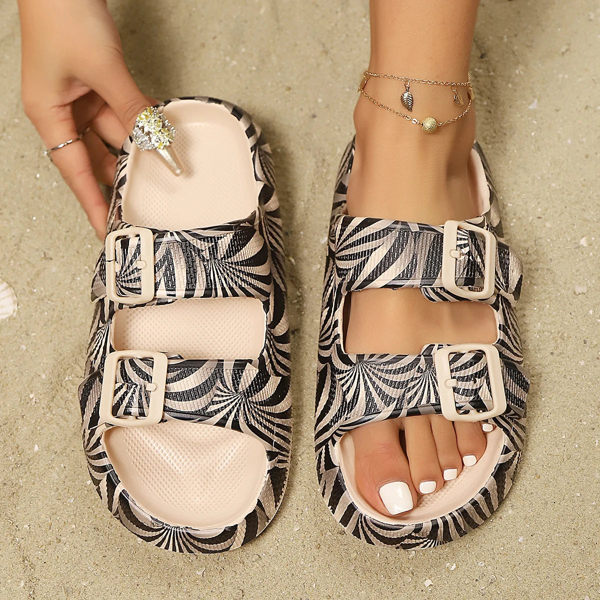 Women's Adjustable Slide Sandals with Anti-Slip Footbed