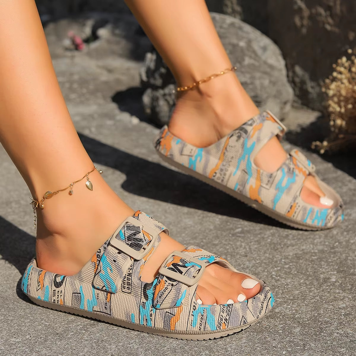 Women's Adjustable Slide Sandals with Anti-Slip Footbed