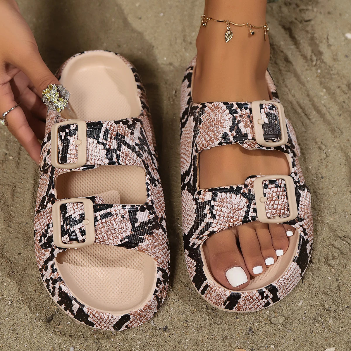 Women's Adjustable Slide Sandals with Anti-Slip Footbed
