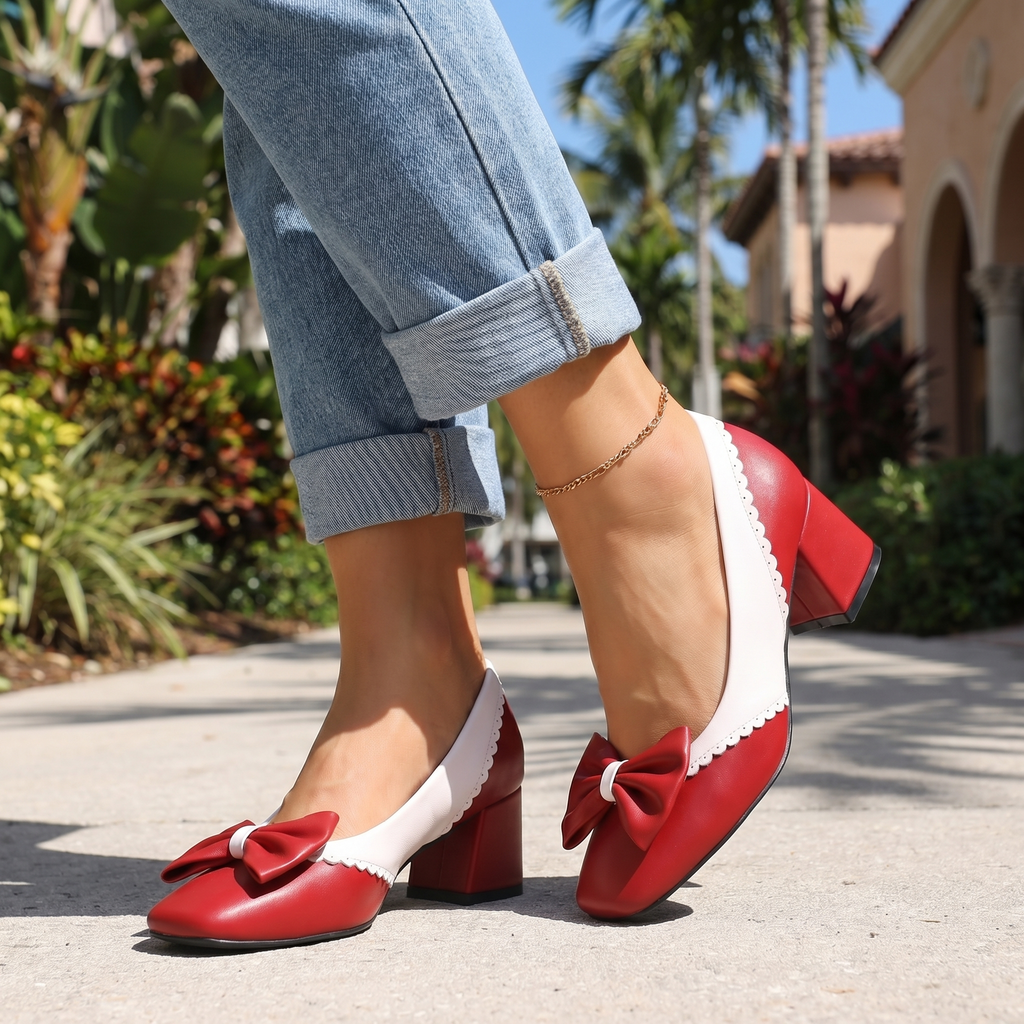 Women's Bow Detail Block Heel Court Shoes