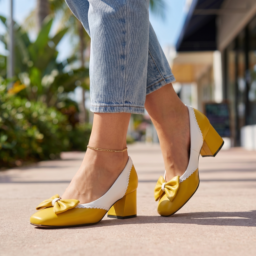 Women's Bow Detail Block Heel Court Shoes