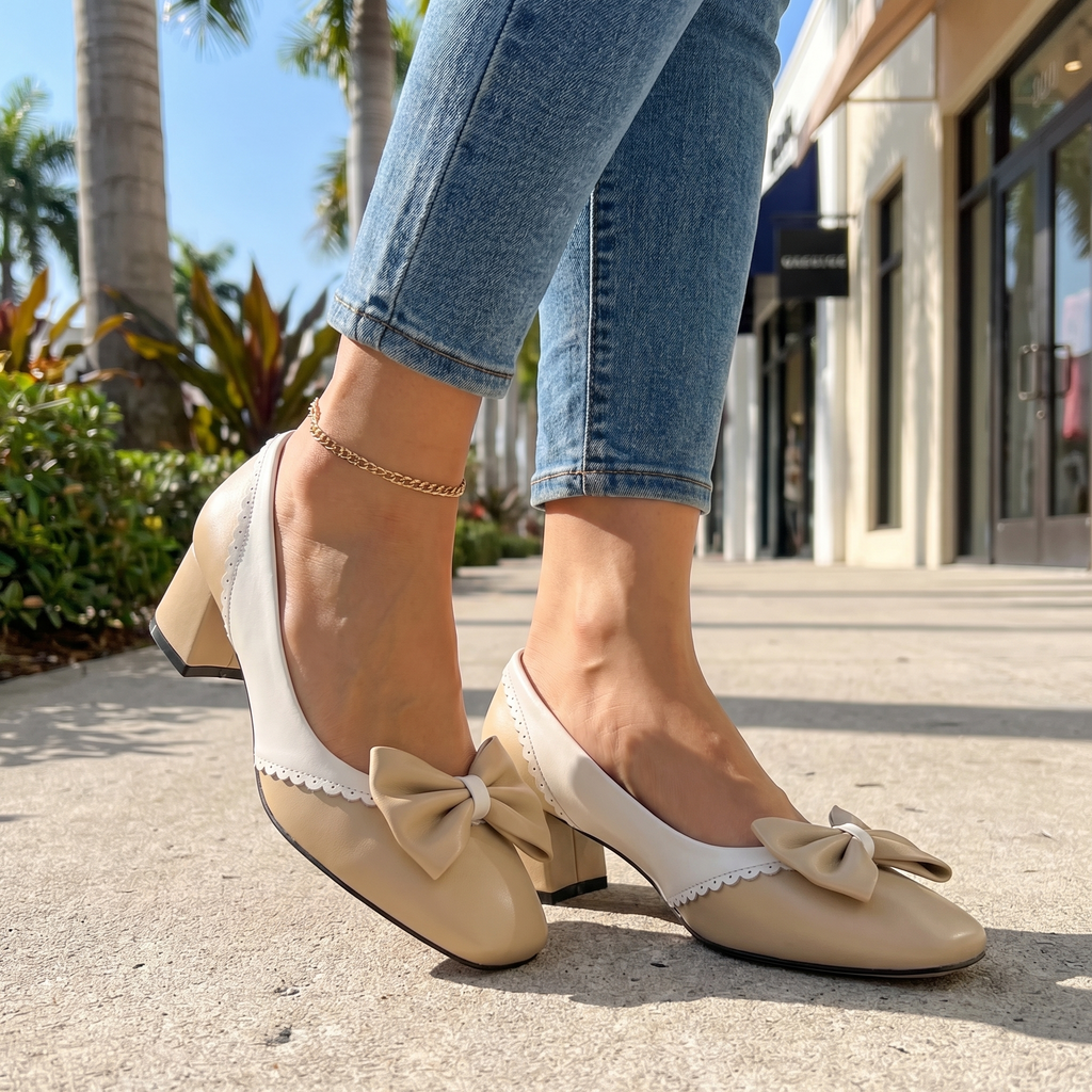 Women's Bow Detail Block Heel Court Shoes