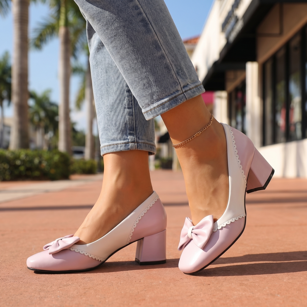 Women's Bow Detail Block Heel Court Shoes