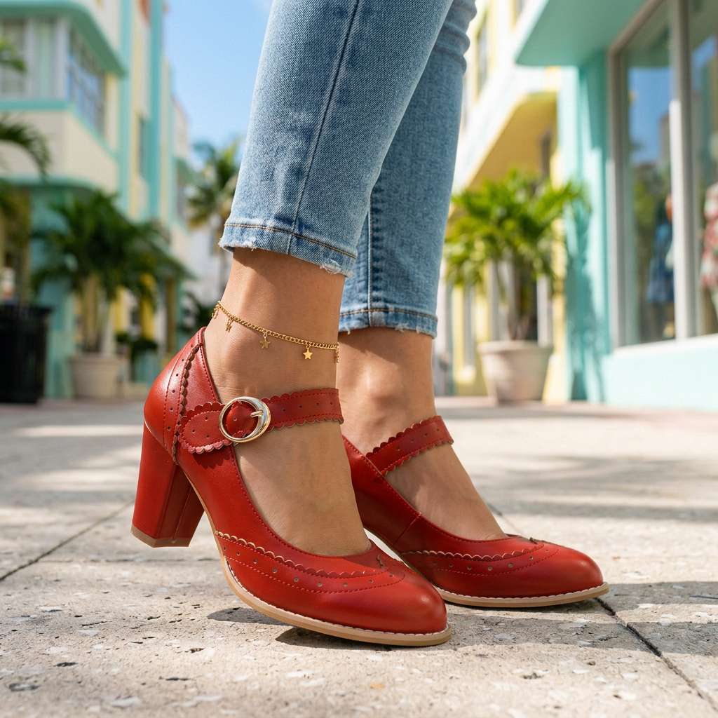 Women's Brogue-Edged Mary Janes with Block Heel