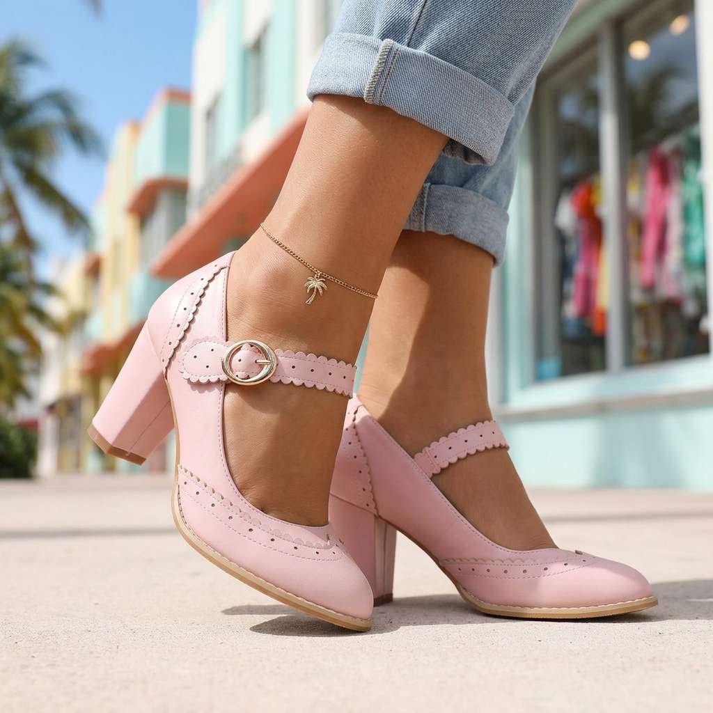 Women's Brogue-Edged Mary Janes with Block Heel