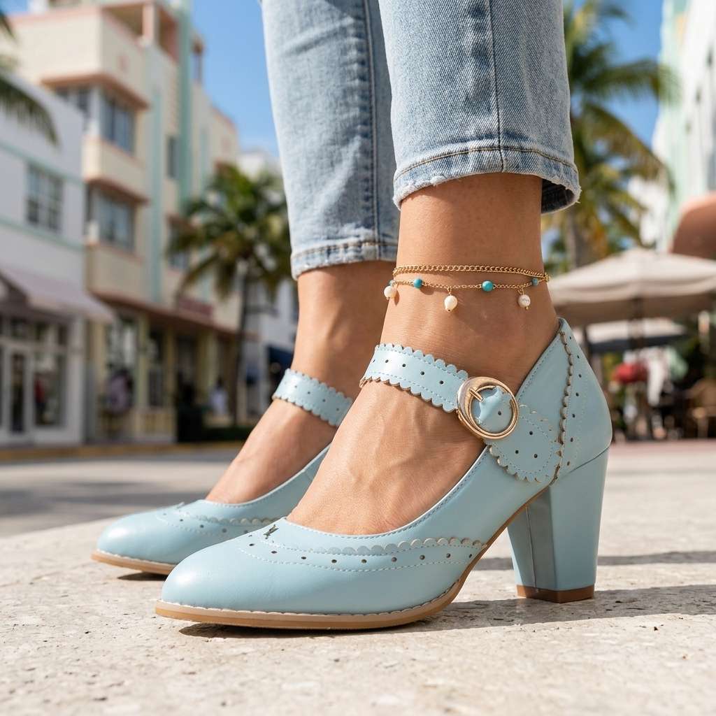 Women's Brogue-Edged Mary Janes with Block Heel