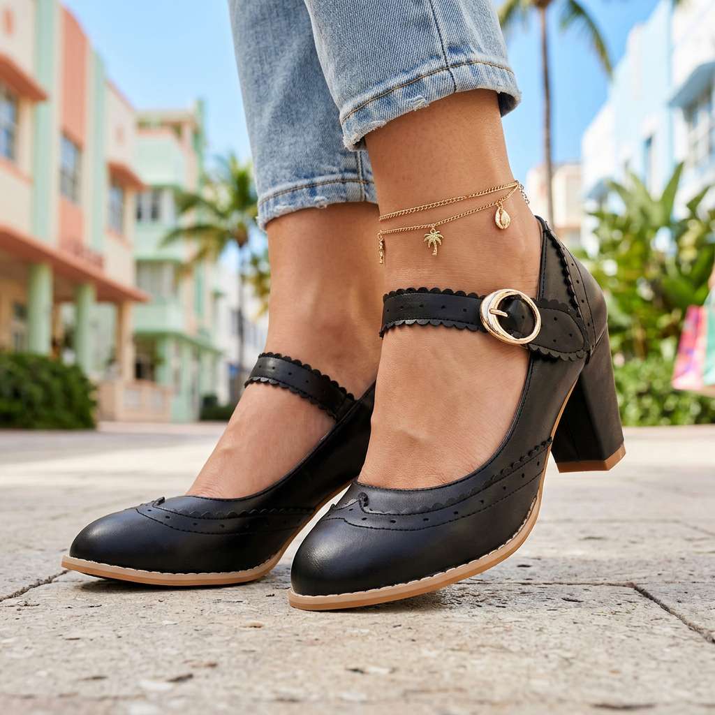 Women's Brogue-Edged Mary Janes with Block Heel