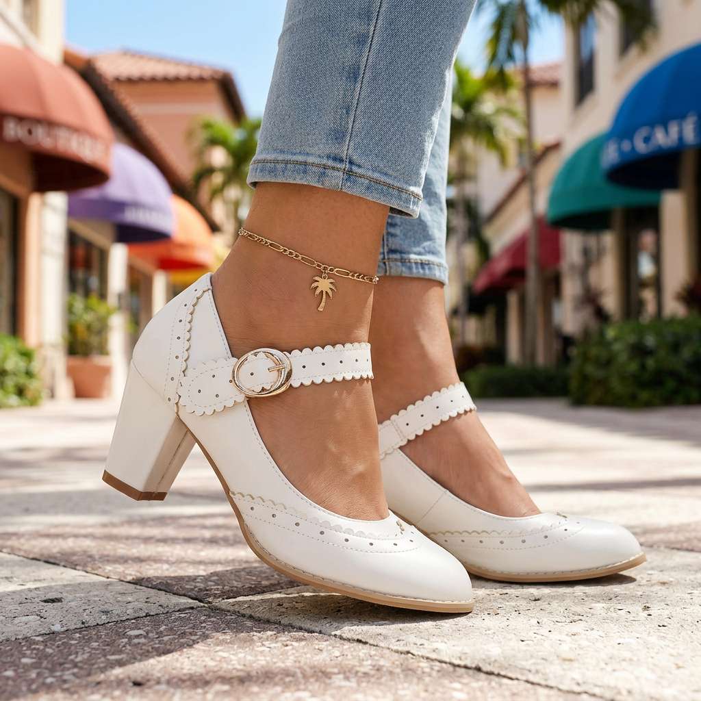 Women's Brogue-Edged Mary Janes with Block Heel