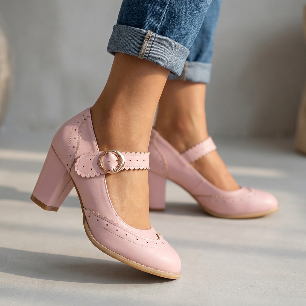 Women's Brogue-Edged Mary Janes with Block Heel