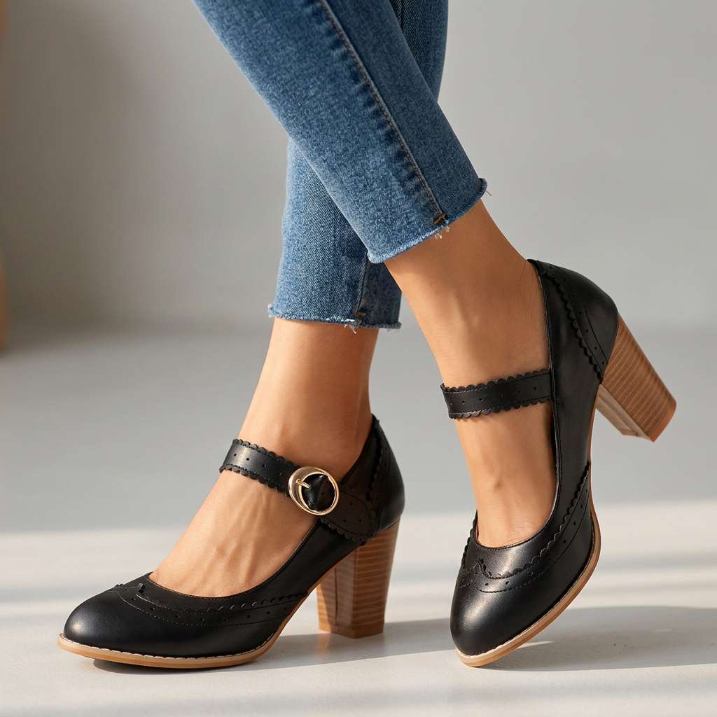Women's Brogue-Edged Mary Janes with Block Heel