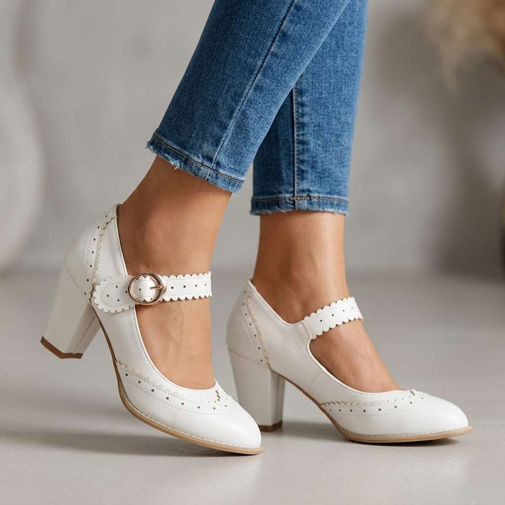 Women's Brogue-Edged Mary Janes with Block Heel