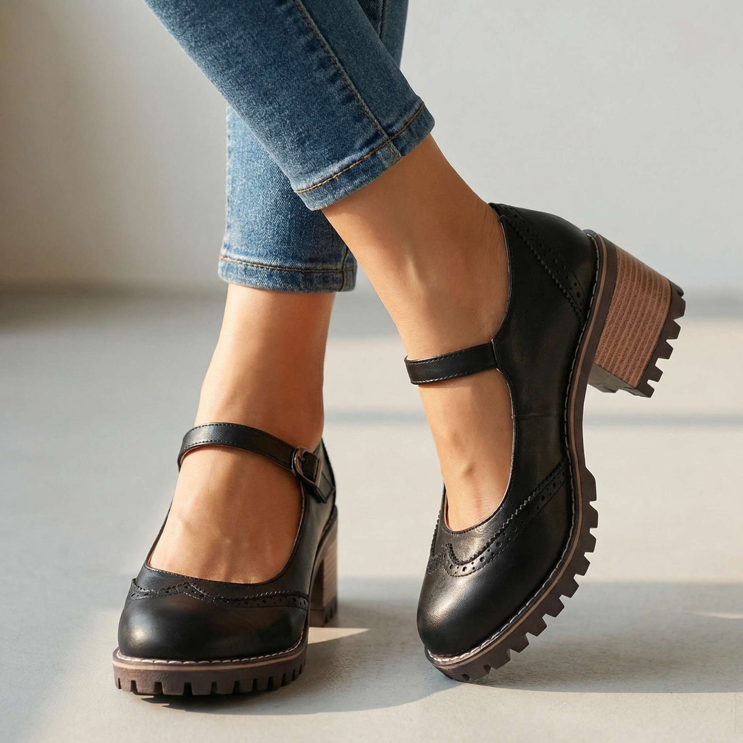 Women's Chunky Heeled Brogue Court Shoes with Buckle Detail