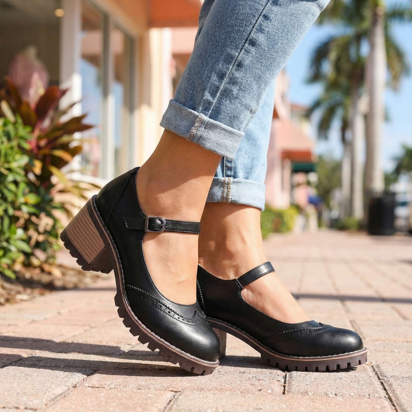Women's Chunky Heeled Brogue Court Shoes with Buckle Detail