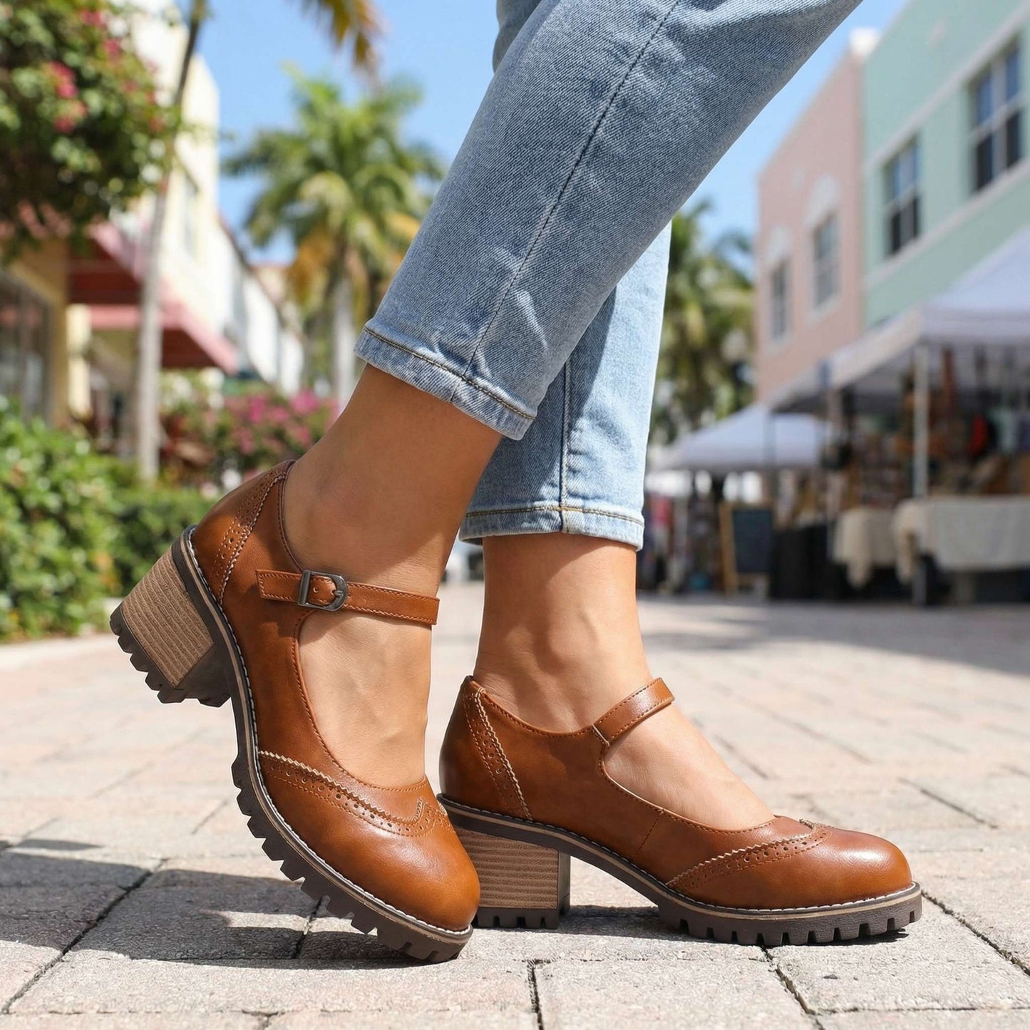 Women's Chunky Heeled Brogue Court Shoes with Buckle Detail