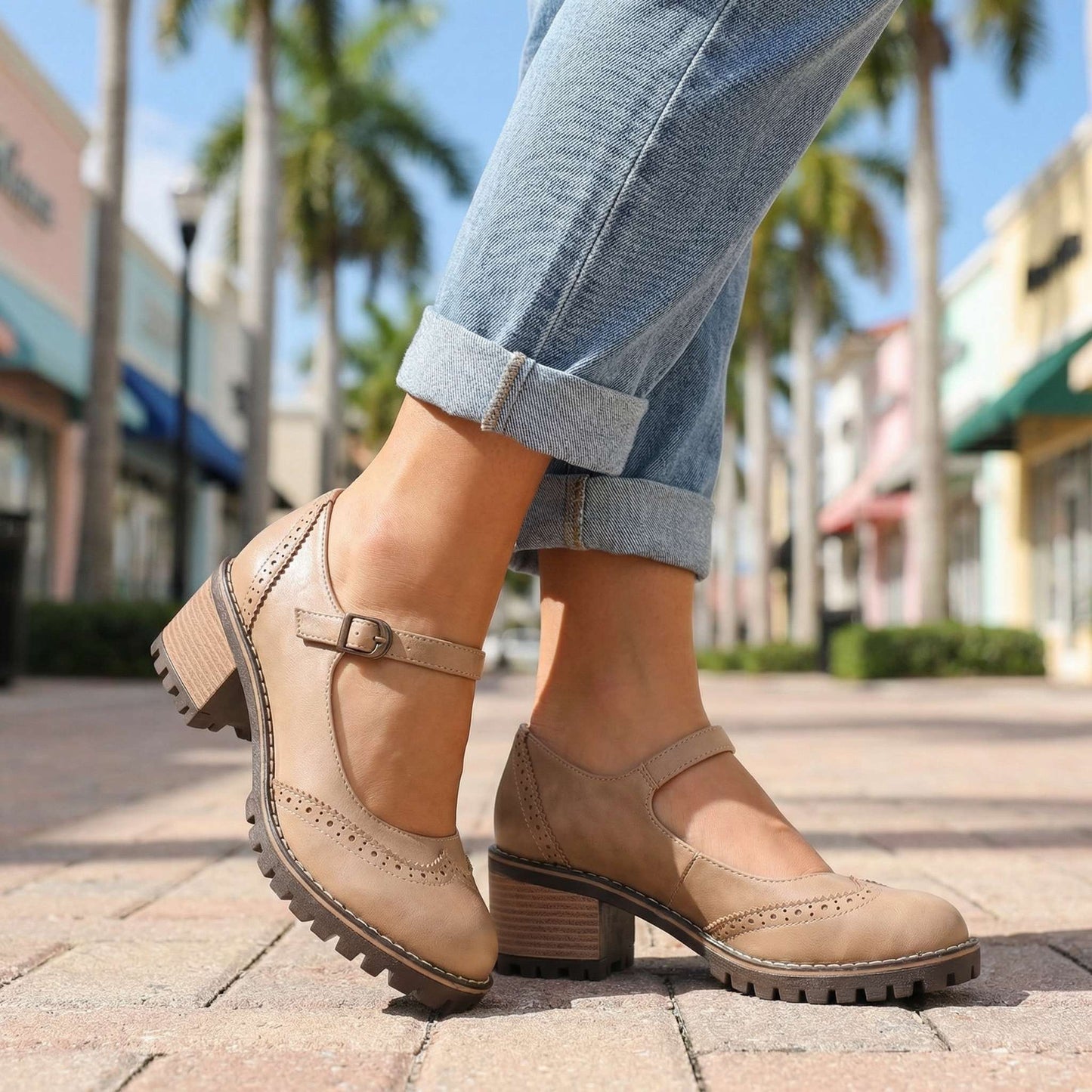 Women's Chunky Heeled Brogue Court Shoes with Buckle Detail