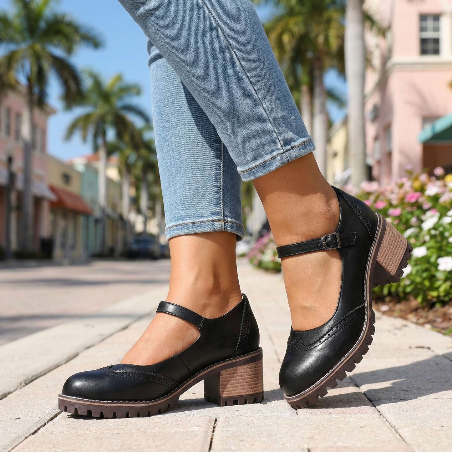 Women's Chunky Heeled Brogue Court Shoes with Buckle Detail