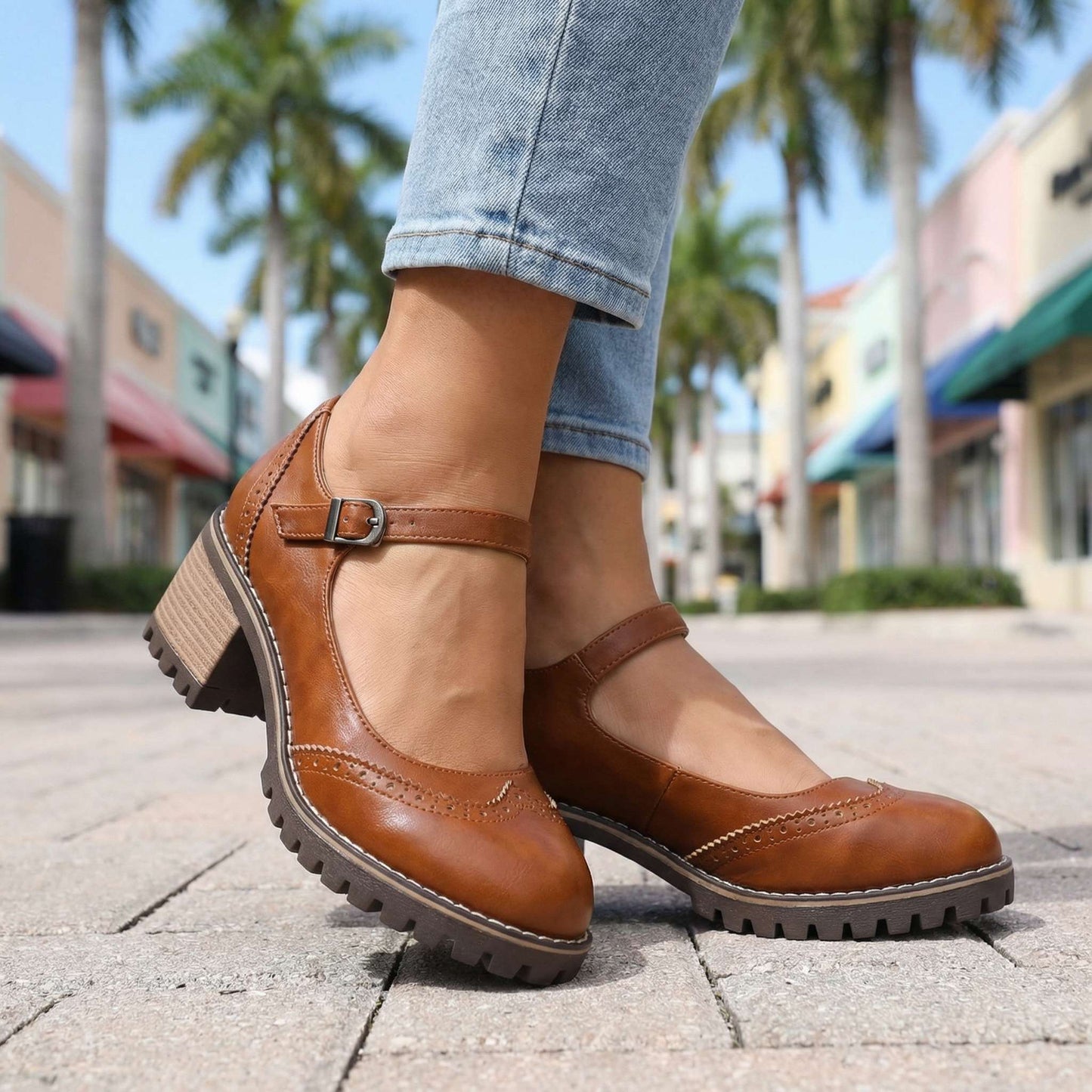 Women's Chunky Heeled Brogue Court Shoes with Buckle Detail