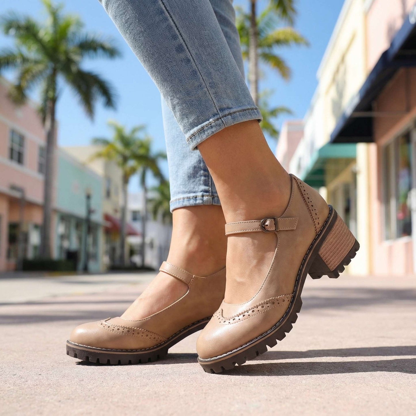 Women's Chunky Heeled Brogue Court Shoes with Buckle Detail