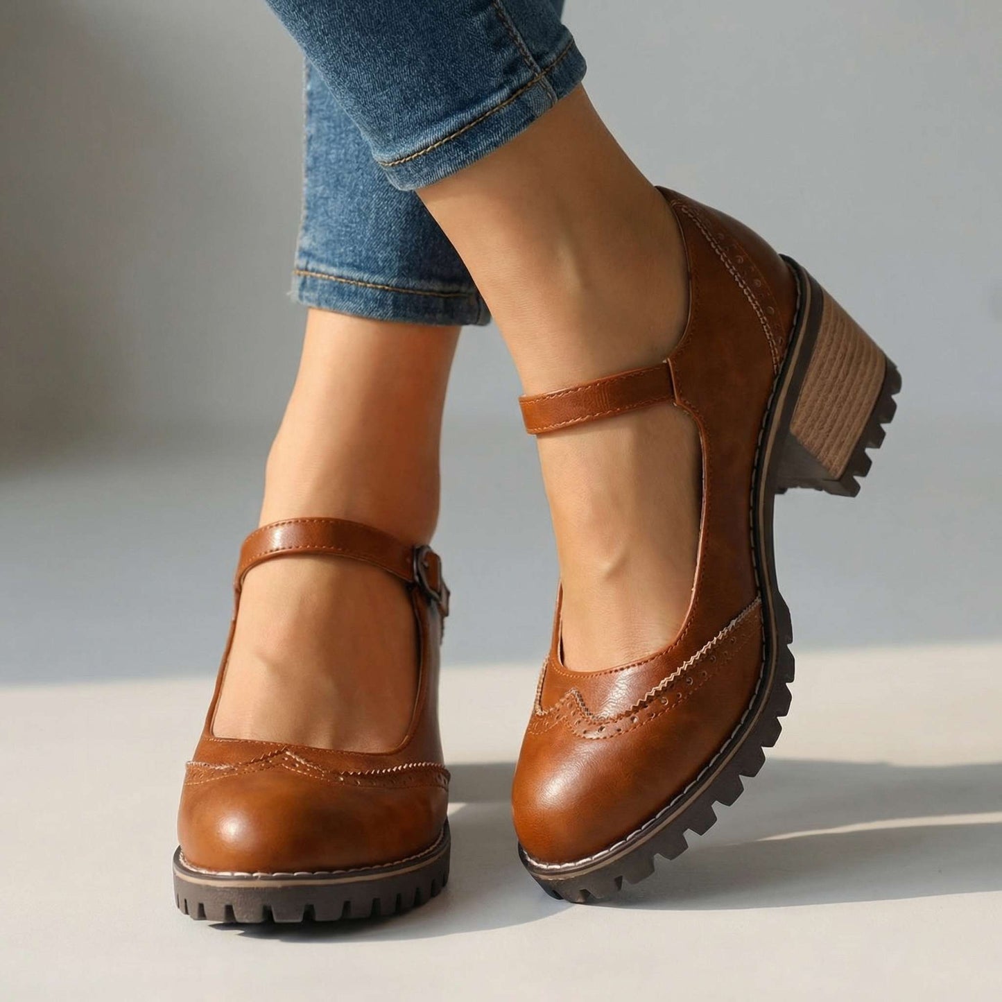 Women's Chunky Heeled Brogue Court Shoes with Buckle Detail
