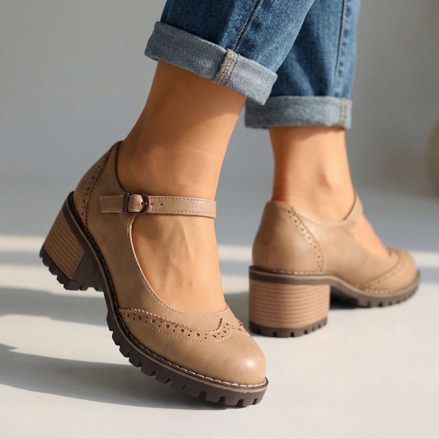 Women's Chunky Heeled Brogue Court Shoes with Buckle Detail