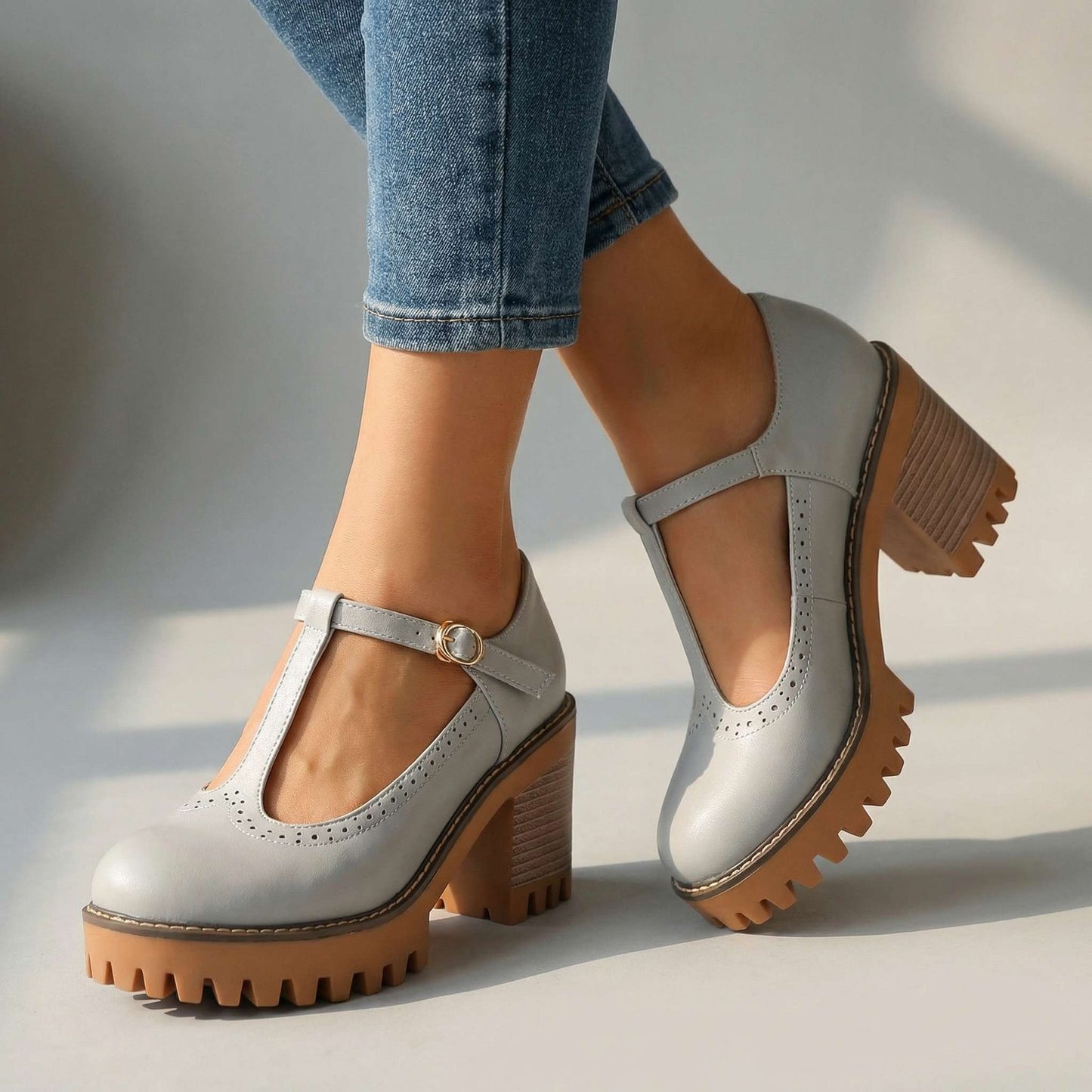 Women's Chunky T-Bar Heels with Cushioned Insole