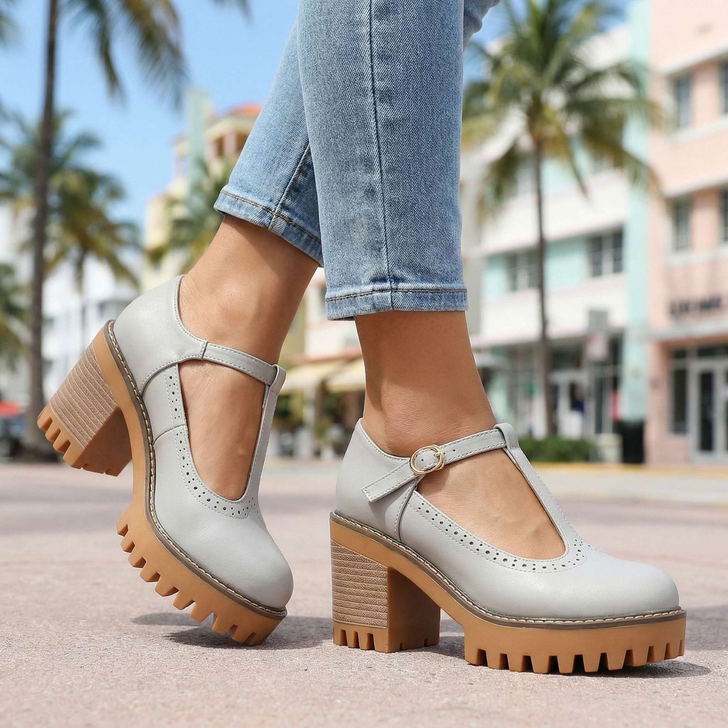 Women's Chunky T-Bar Heels with Cushioned Insole