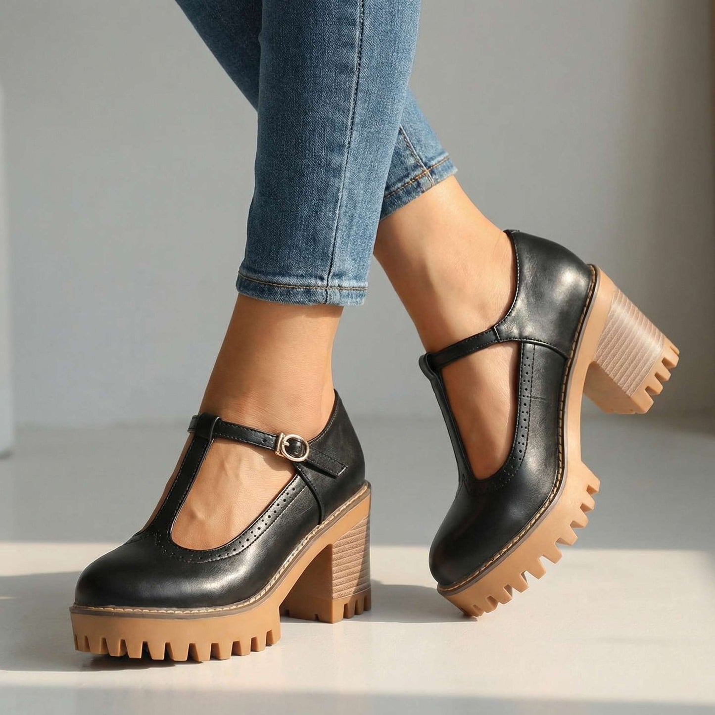 Women's Chunky T-Bar Heels with Slip-On Design