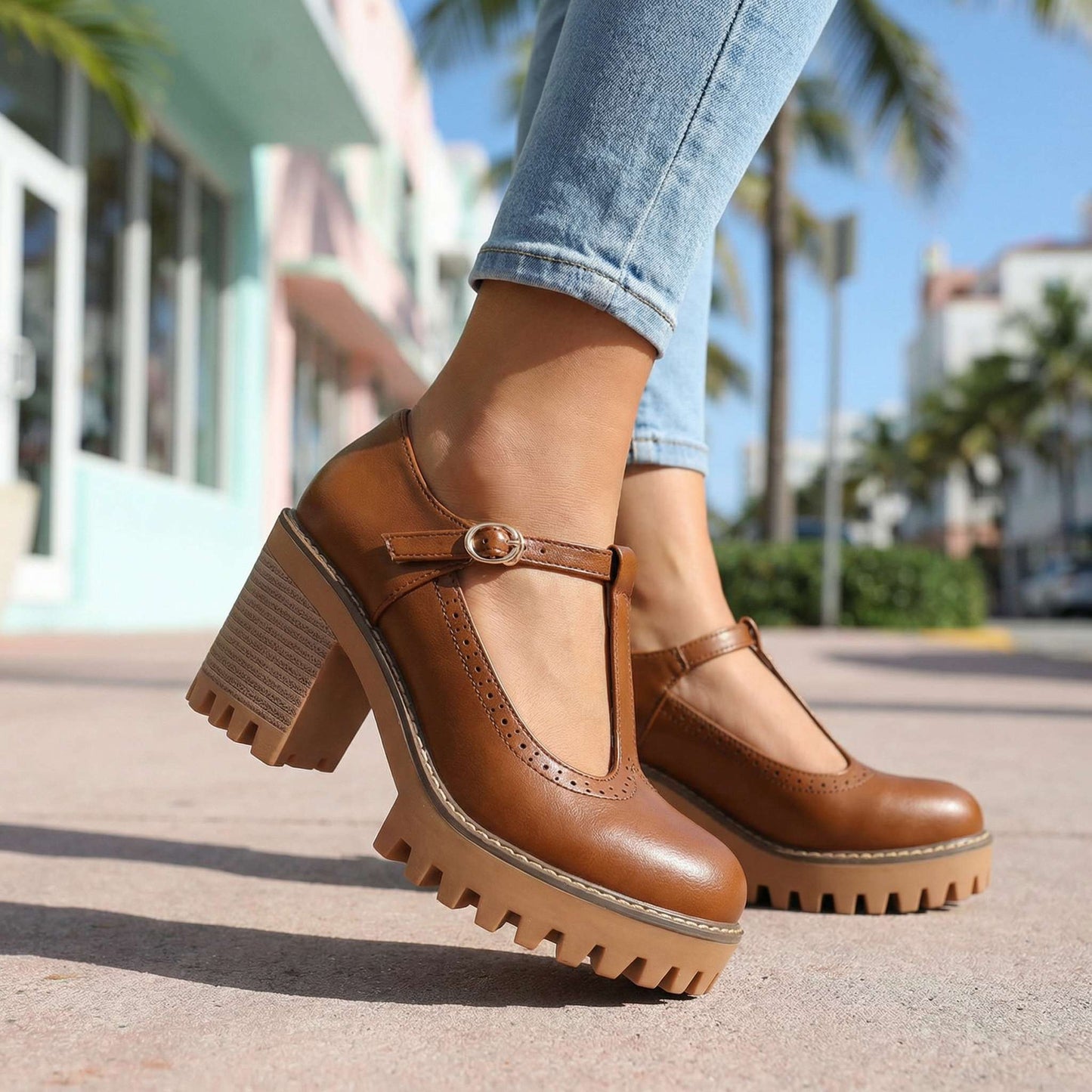 Women's Chunky T-Bar Heels with Slip-On Design