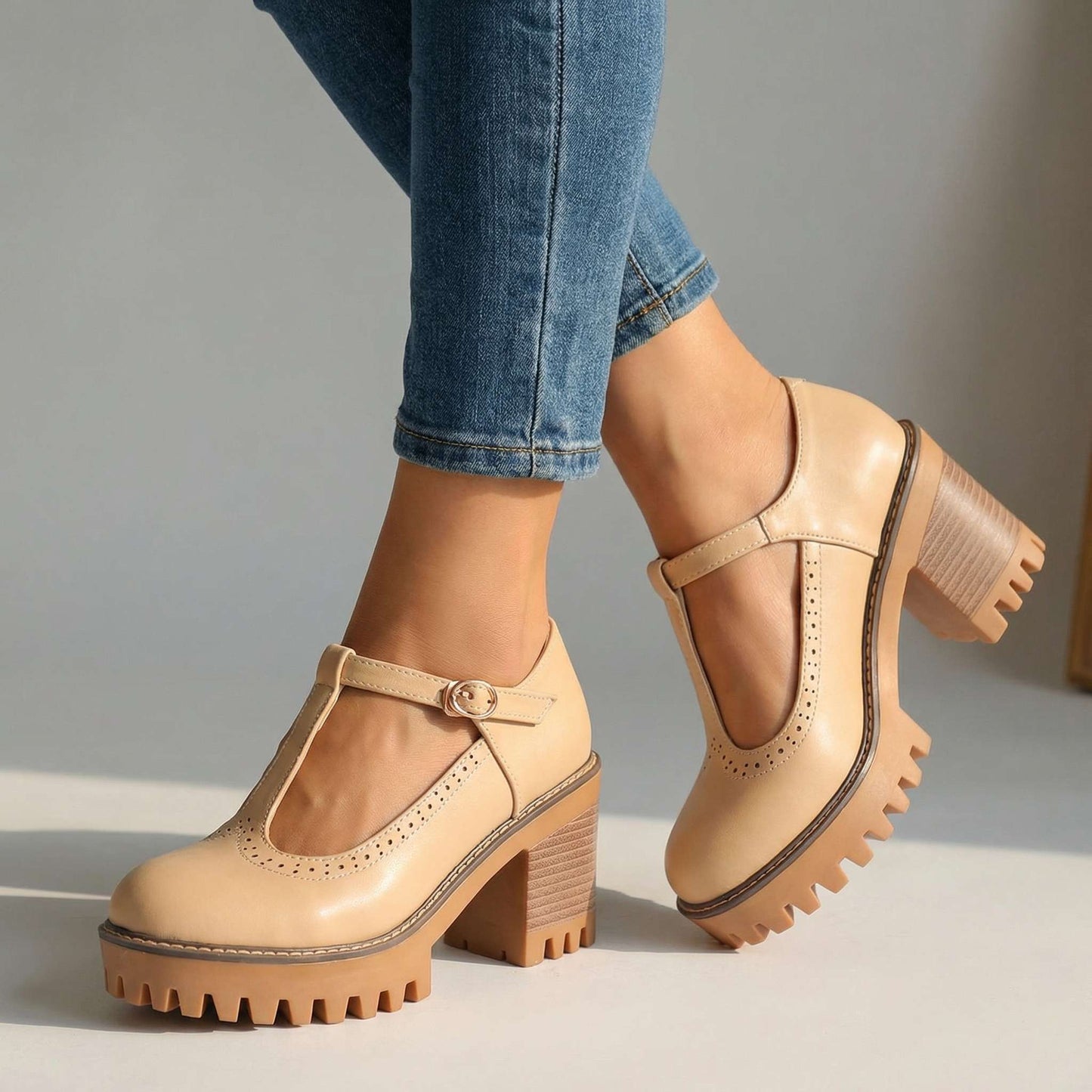 Women's Chunky T-Bar Heels with Slip-On Design