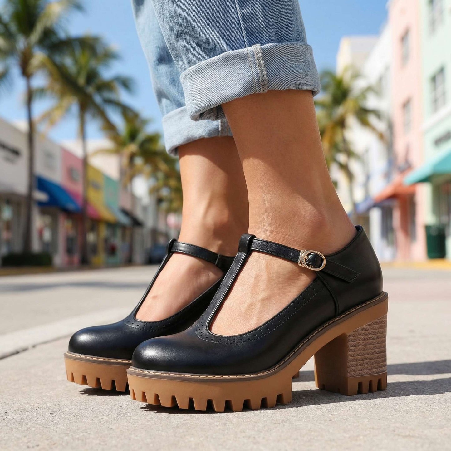 Women's Chunky T-Bar Heels with Slip-On Design