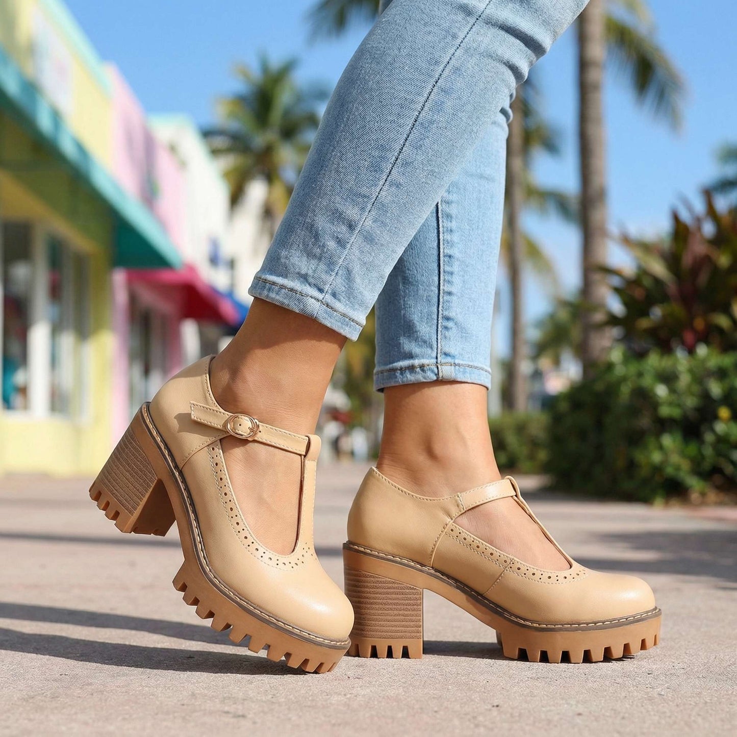 Women's Chunky T-Bar Heels with Slip-On Design