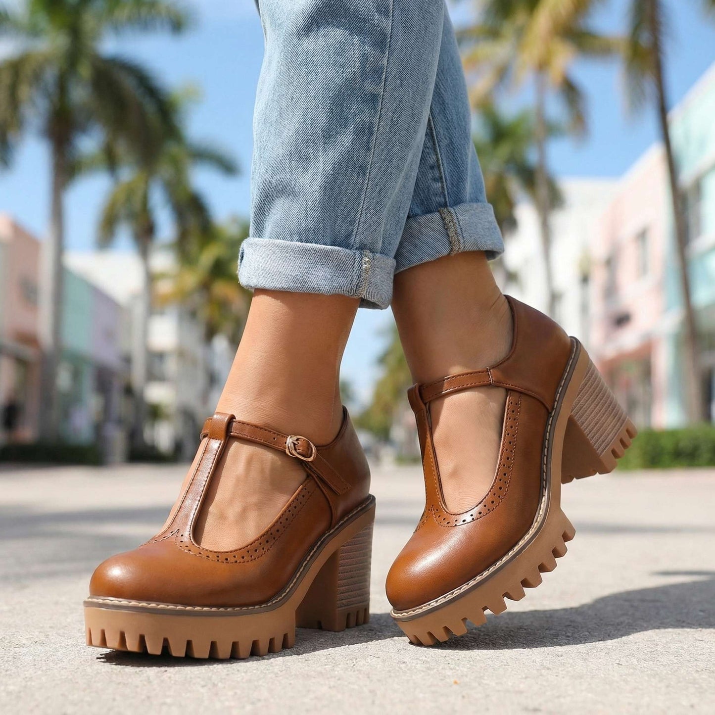 Women's Chunky T-Bar Heels with Slip-On Design