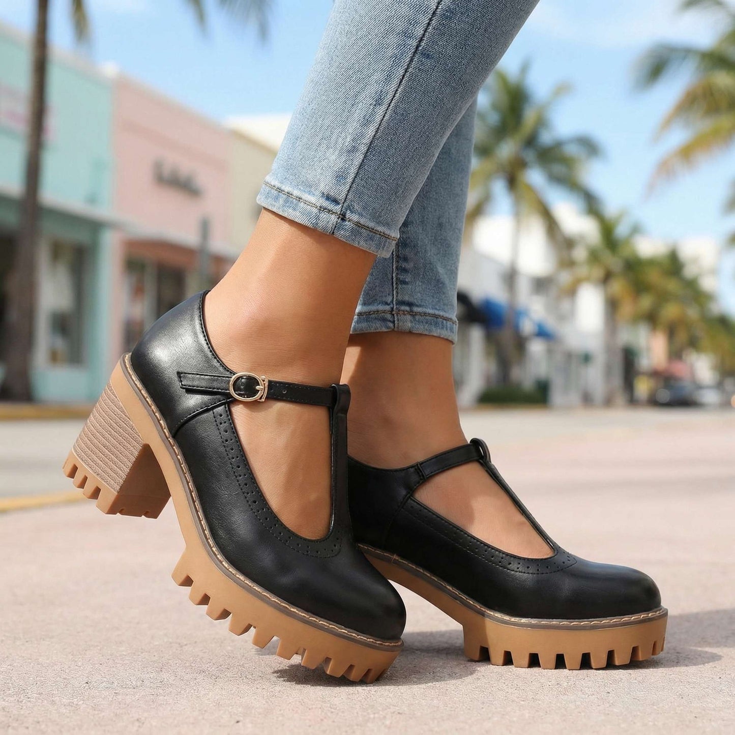 Women's Chunky T-Bar Heels with Slip-On Design