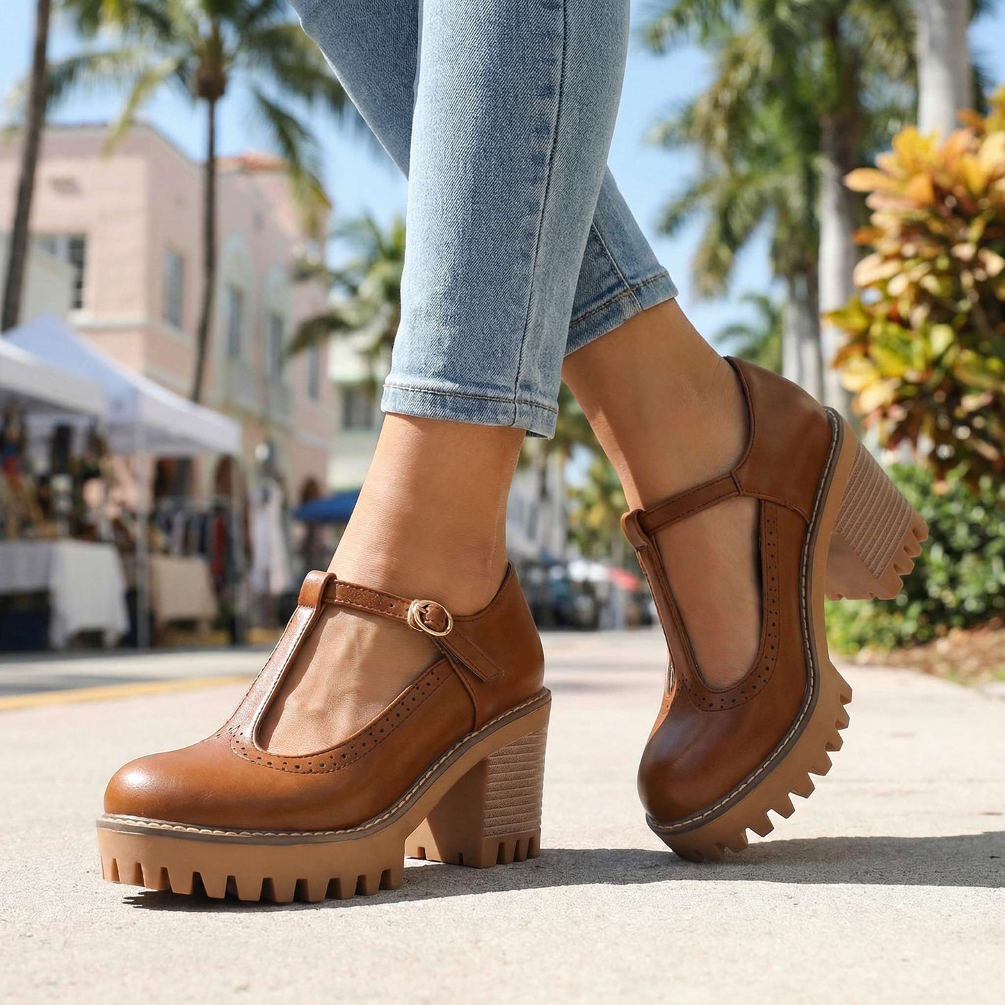 Women's Chunky T-Bar Heels with Slip-On Design