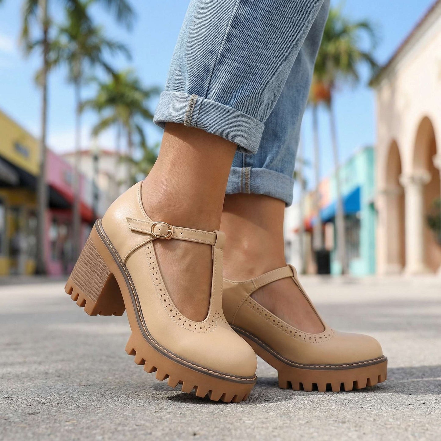 Women's Chunky T-Bar Heels with Slip-On Design