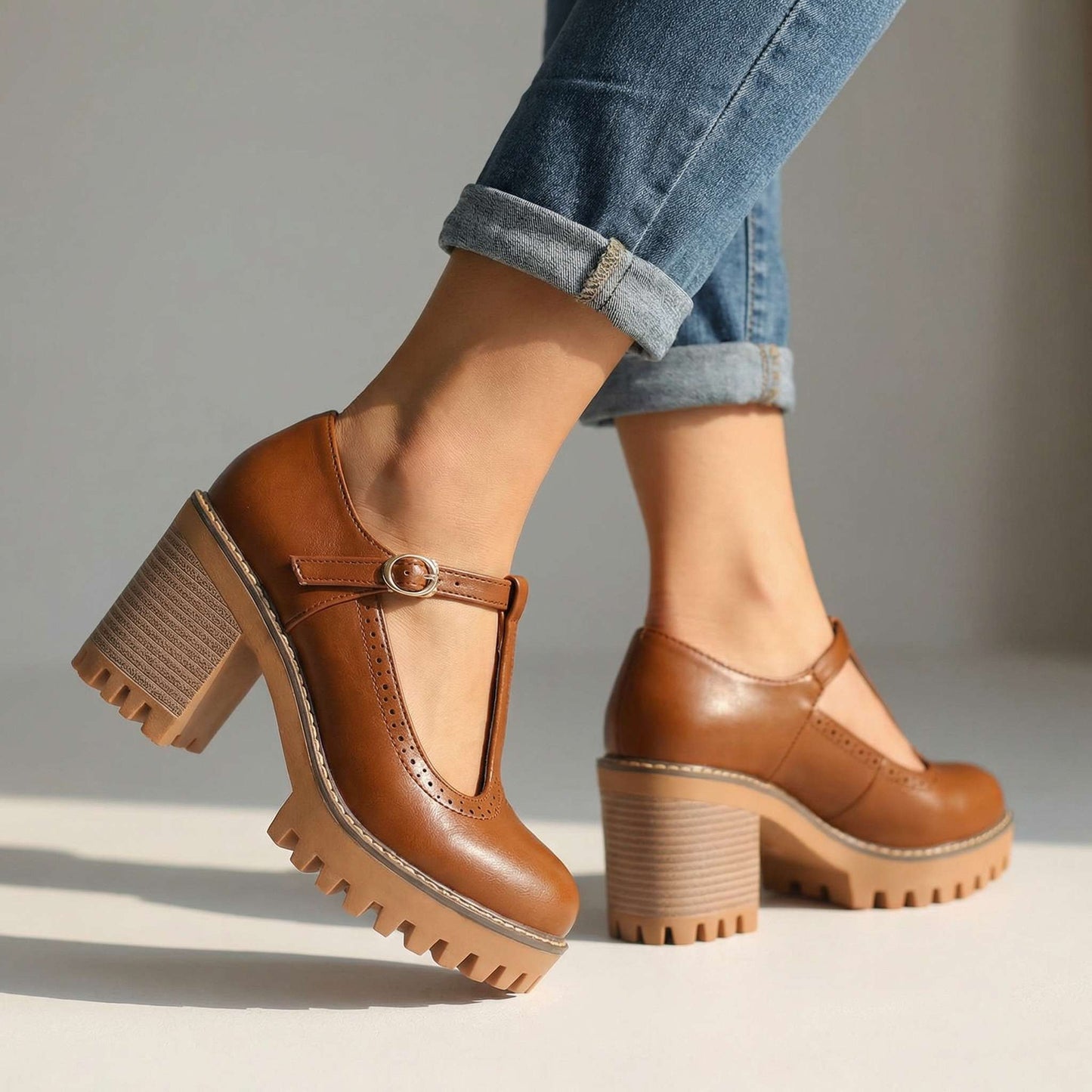 Women's Chunky T-Bar Heels with Slip-On Design