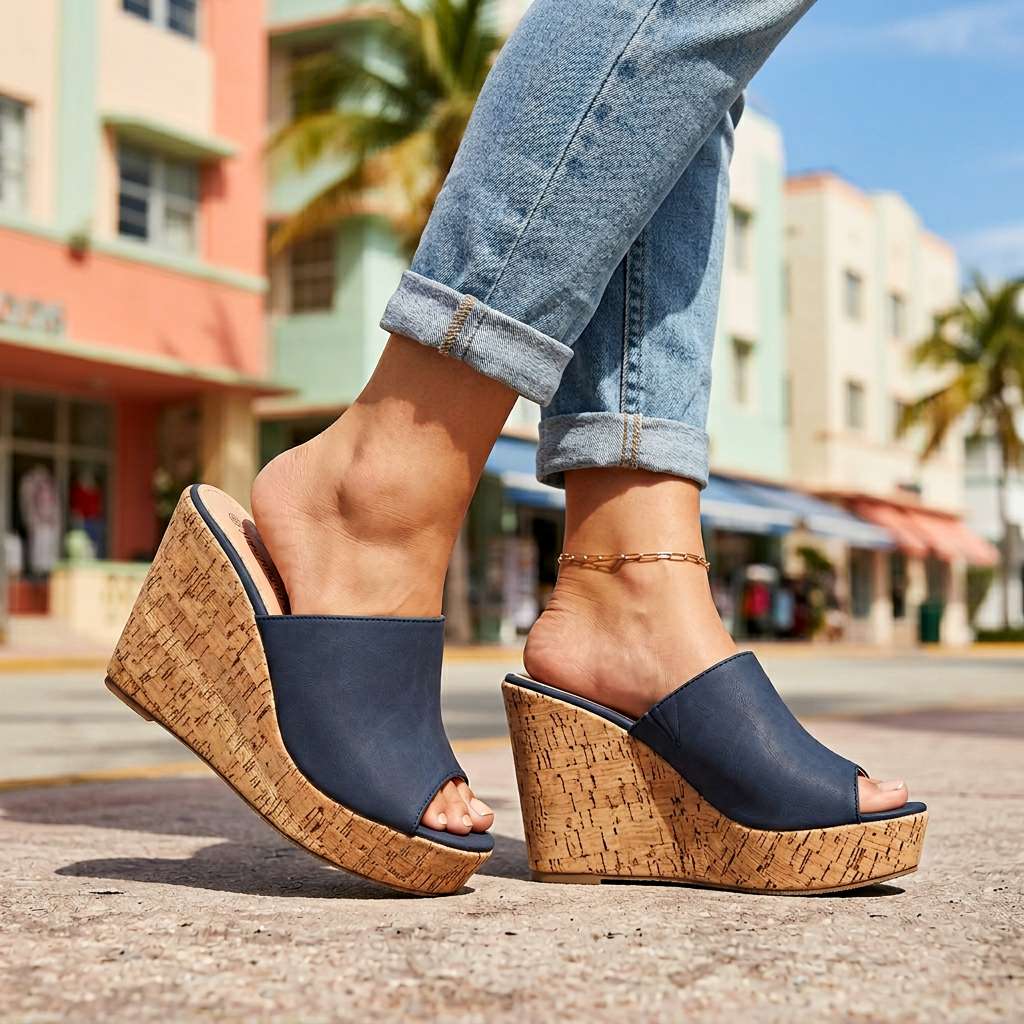 Women's Cork Wedge Sandals with Cushioned Footbed
