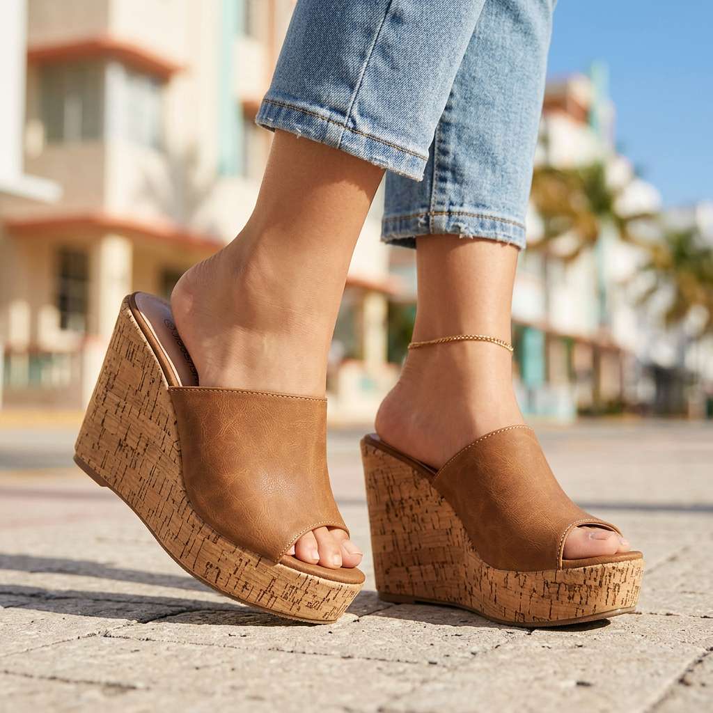 Women's Cork Wedge Sandals with Cushioned Footbed