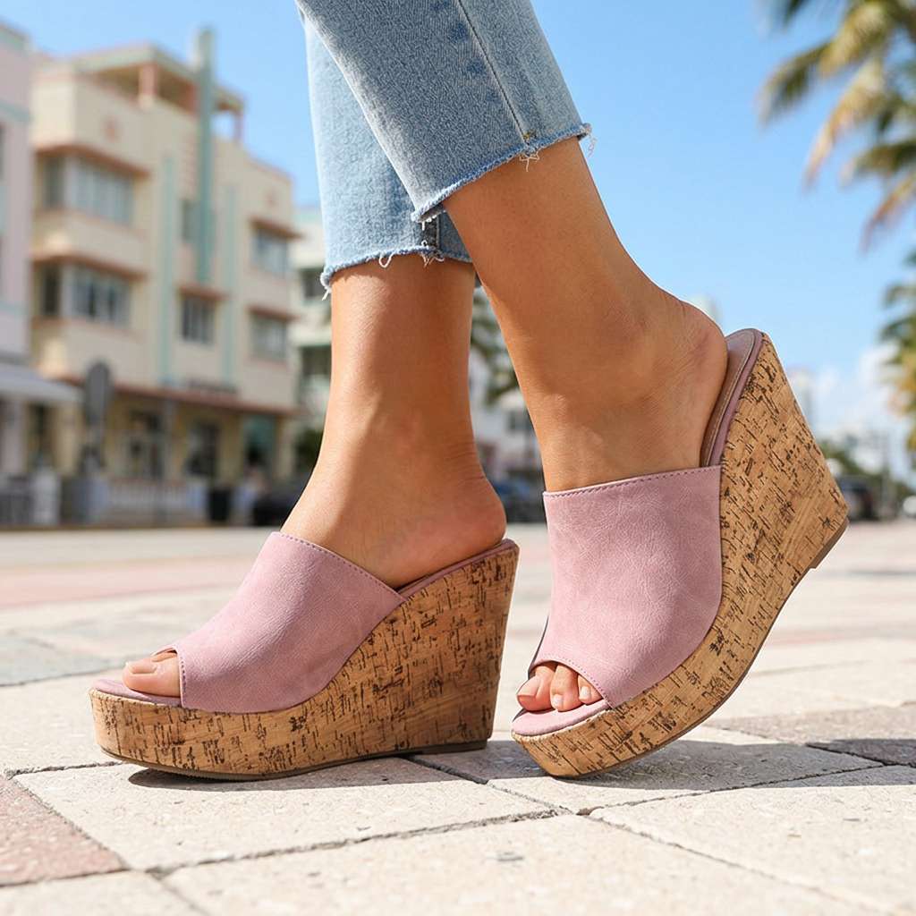 Women's Cork Wedge Sandals with Cushioned Footbed