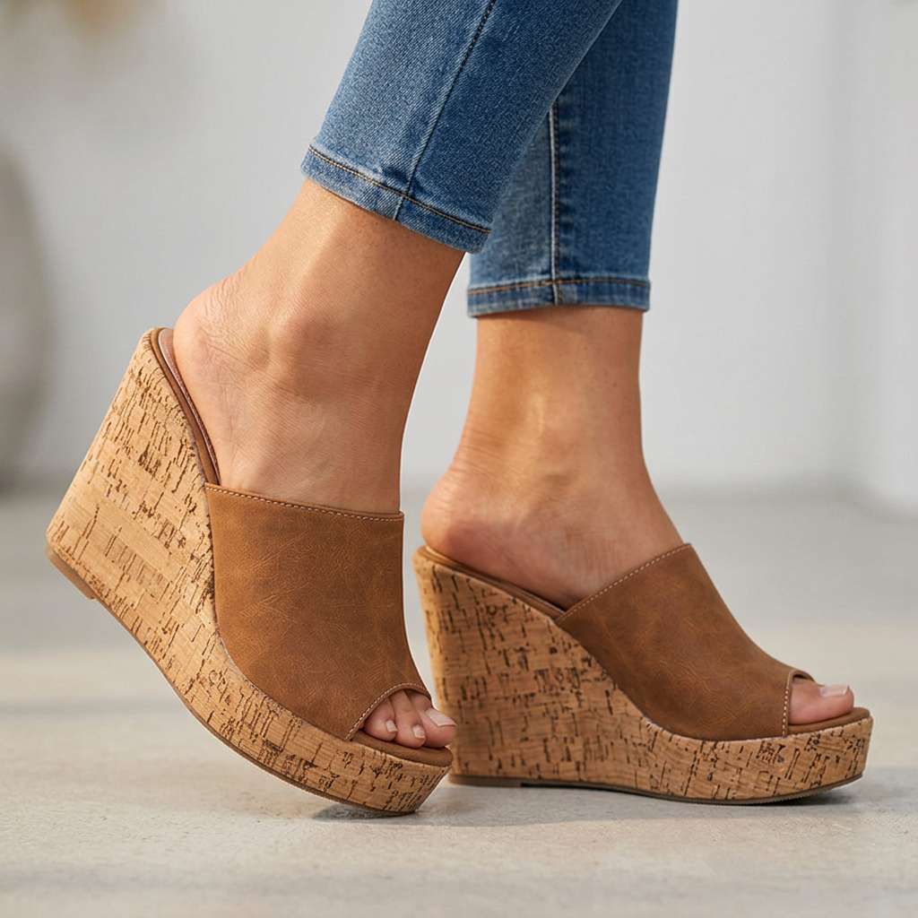 Women's Cork Wedge Sandals with Cushioned Footbed
