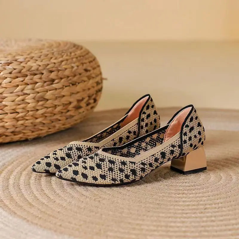 Women's Cotton Knit Block Heel Shoes with Cushioned Insole