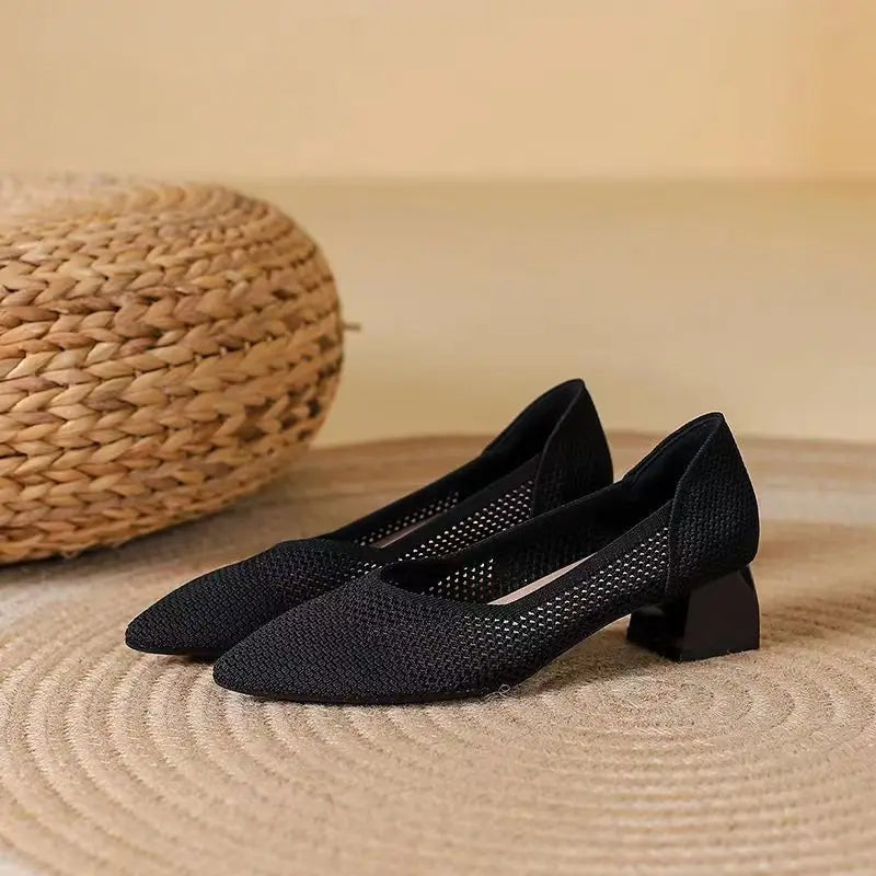 Women's Cotton Knit Block Heel Shoes with Cushioned Insole