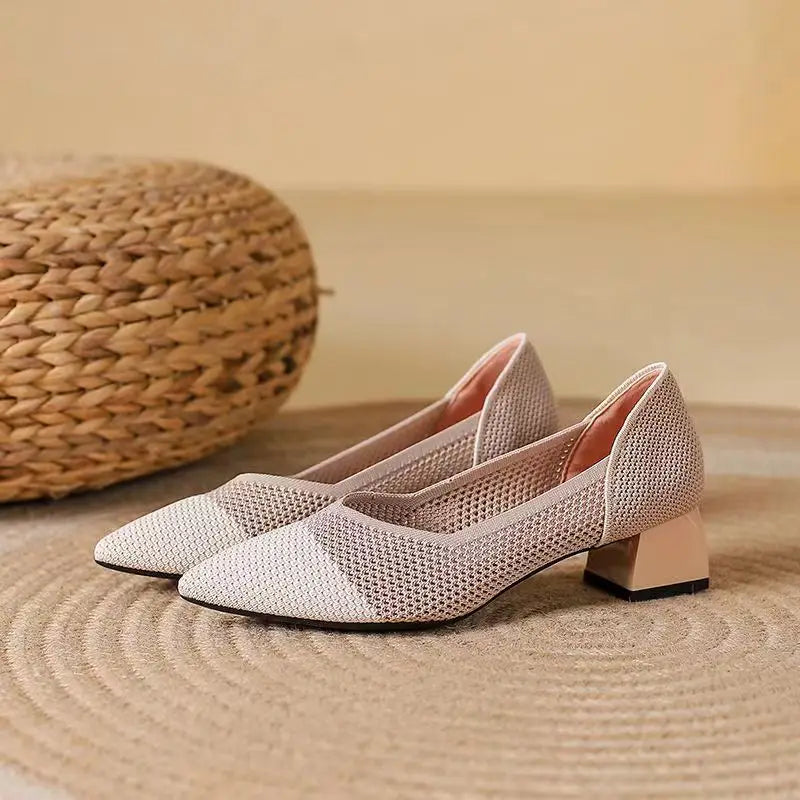 Women's Cotton Knit Block Heel Shoes with Cushioned Insole