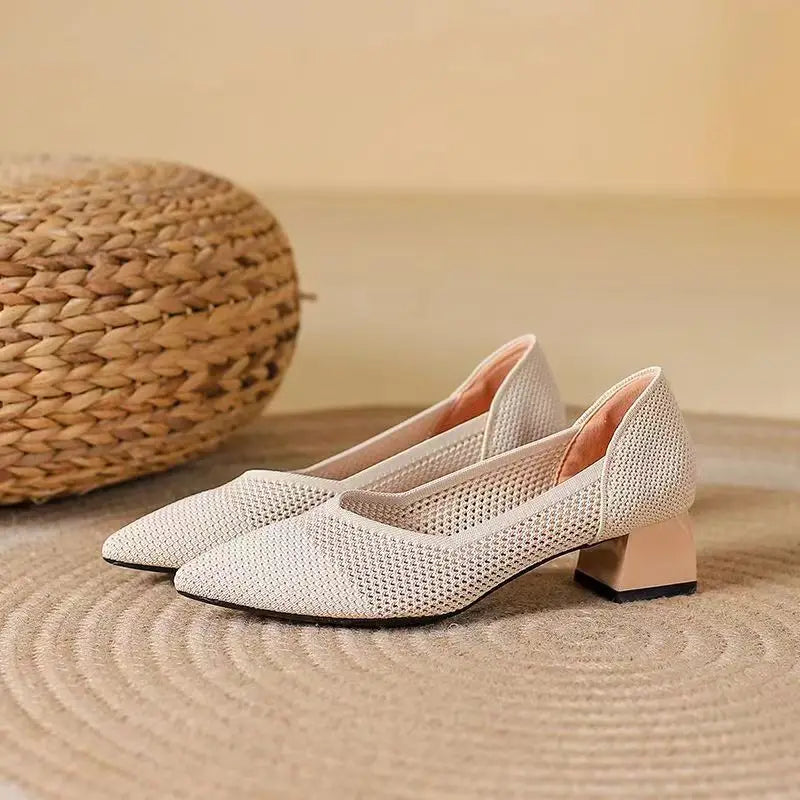 Women's Cotton Knit Block Heel Shoes with Cushioned Insole